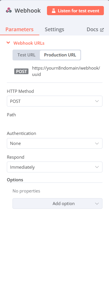 n8n webhook for node