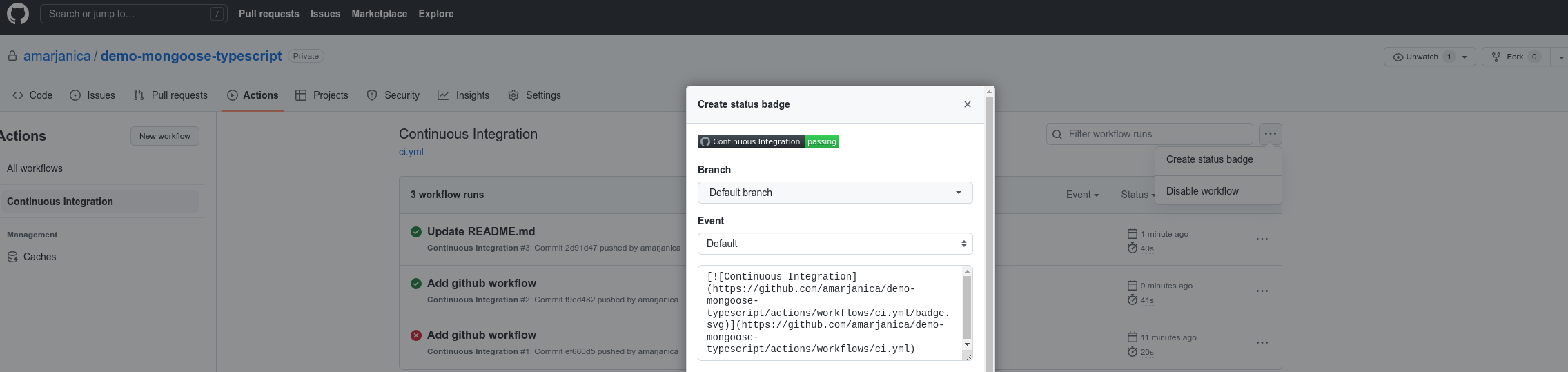 Create status badge on Github