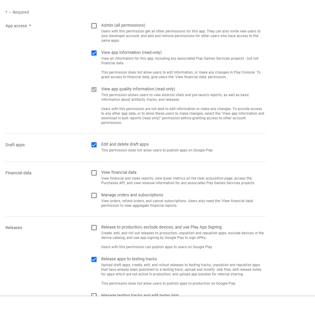 service account permissions for Google Play Developer API test tracks